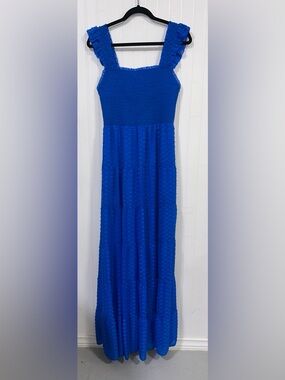 Alice + Olivia Kizzie 8 Cobalt Blue Tiered Smocked Flutter Sleeve Maxi Dress